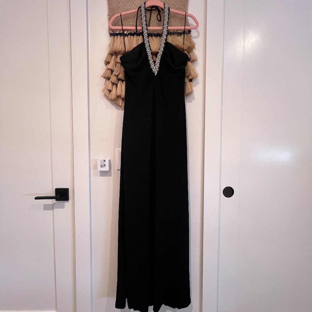 Embellished Black Halter Evening Gown | Size M